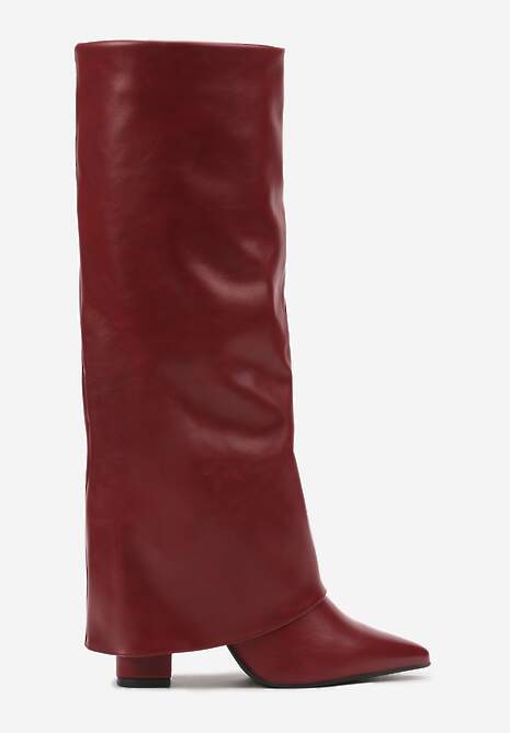 Bordowe Kozaki na Słupku Ozdobione Wywiniętą Cholewką Heslia