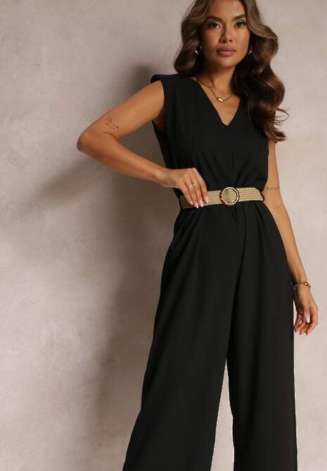 Czarny Długi Kombinezon z Trójkątnym Dekoltem i Ozdobnym Paskiem z Klamrą Malkah