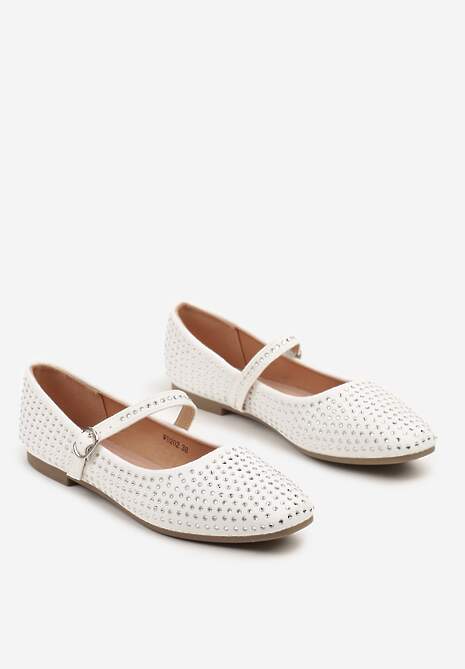 Białe Balerinki z Cyrkoniami All Over i Paskiem na Sprzączkę Benilsa