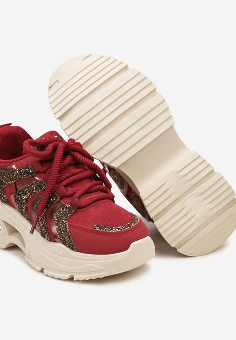 Bordowe Sznurowane Sneakersy na Platformie Ozdobione Brokatem Ewla