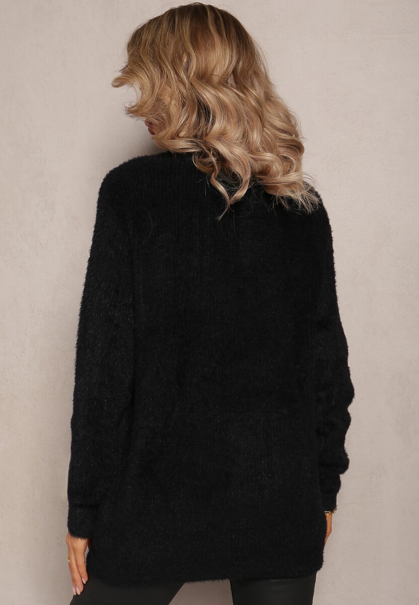 Czarny Puchaty Golf z Długim Rękawem i Ściągaczami Caelina