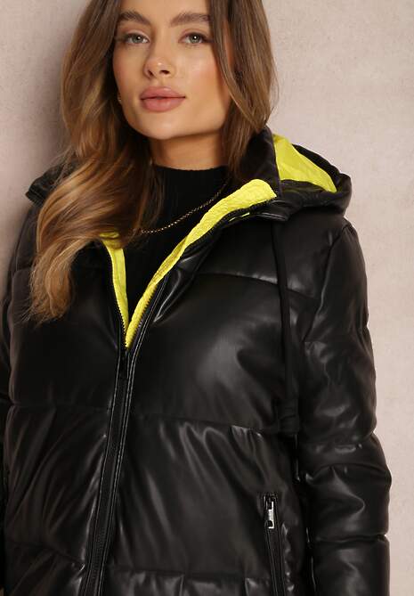 Czarno-Żółta Kurtka Pikowana z Imitacji Skóry Helle