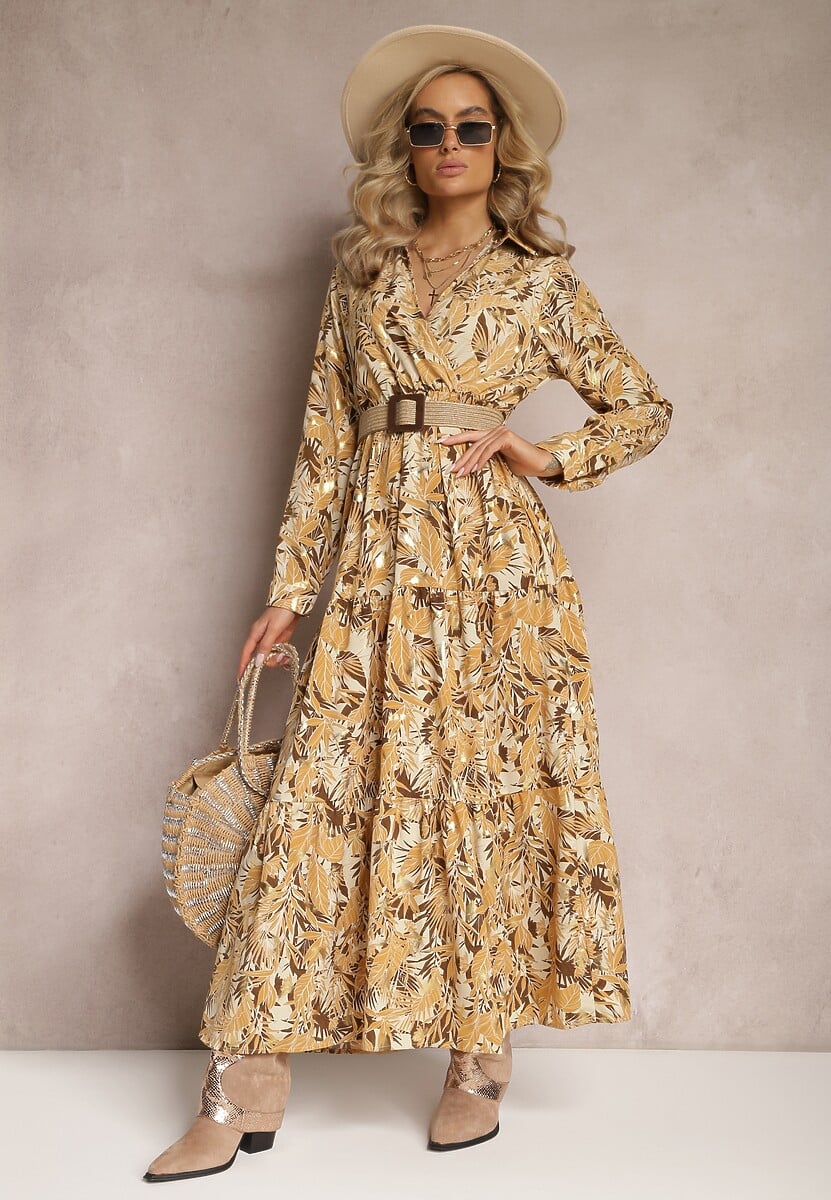 Jasnobeżowa Sukienka Maxi z Kołnierzykiem i Plecionym Paskiem Pertitus