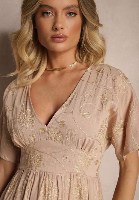Beżowa Sukienka z Wiskozy Ozdobiona Haftem i Metaliczną Nicią Ivelvesa