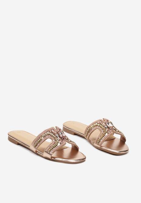 Szampańskie Klapki na Płaskiej Podeszwie Wykończone Cyrkoniami i Metalowymi Elementami Sanesstia