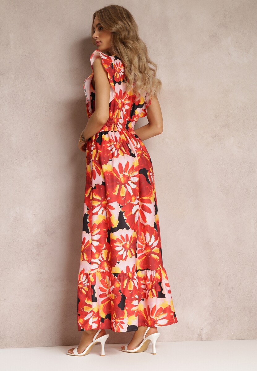 Czerwona Rozkloszowana Sukienka w Kwiaty z Gumką w Pasie Viente