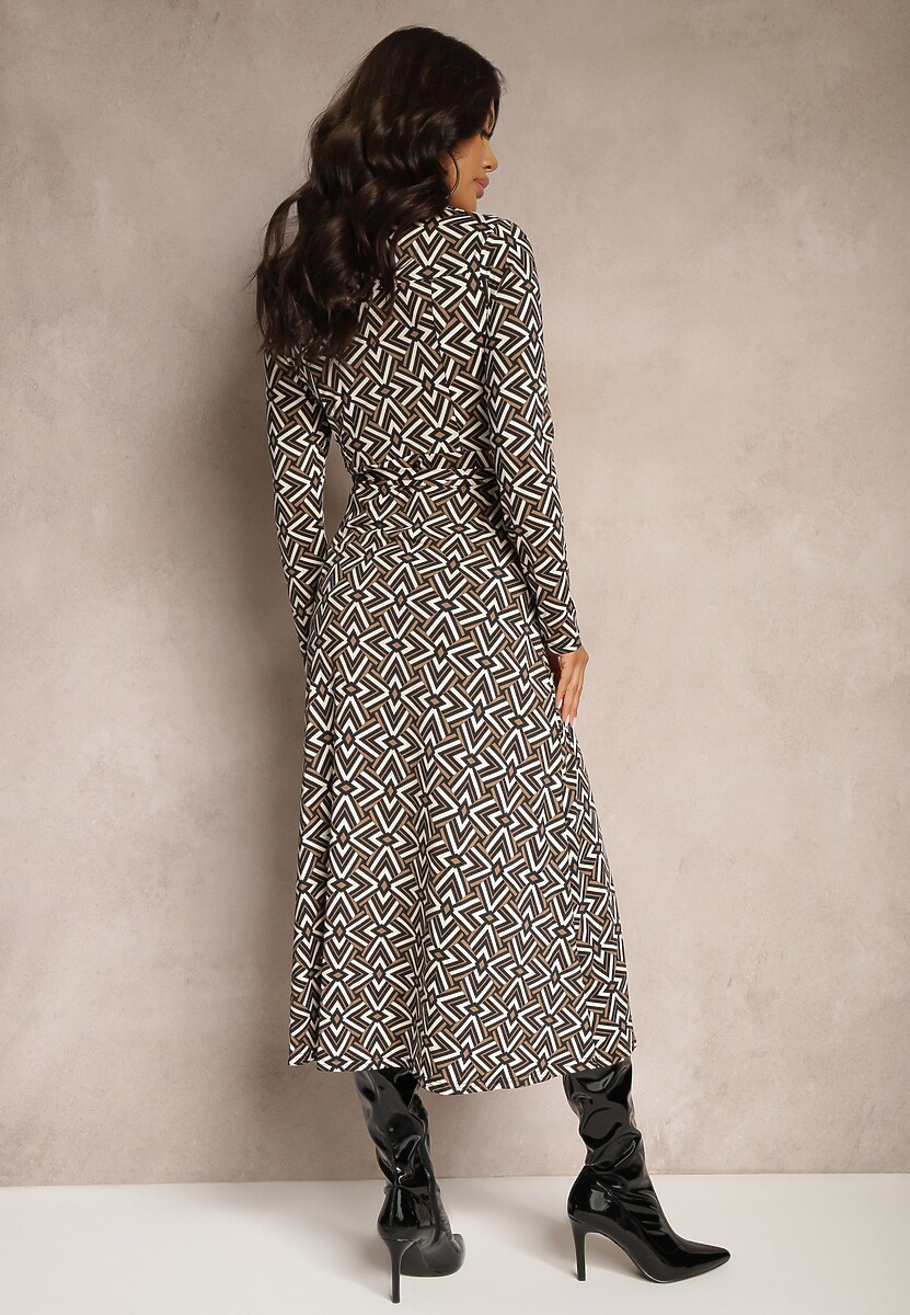 Czarno-Beżowa Koszulowa Sukienka z Wiskozą Ozdobiona Paskiem i Geometrycznym Wzorem Avaniqua