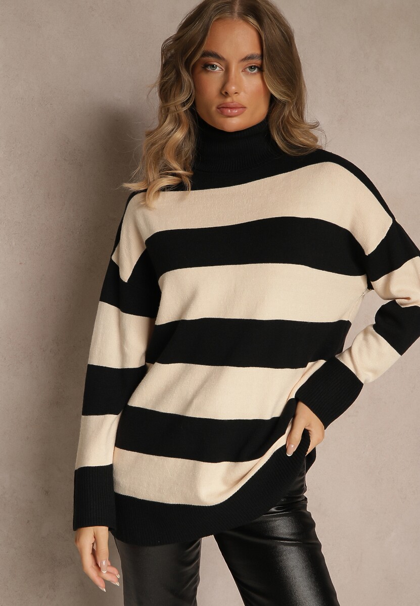 Czarno-Beżowy Golf Ozdobiony Paskami Raluna