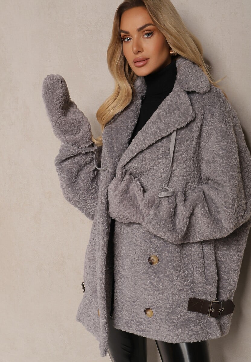 Szara Dwurzędowa Kurtka Futerkowy Płaszcz z Dodatkowymi Rękawiczkami Hetirra