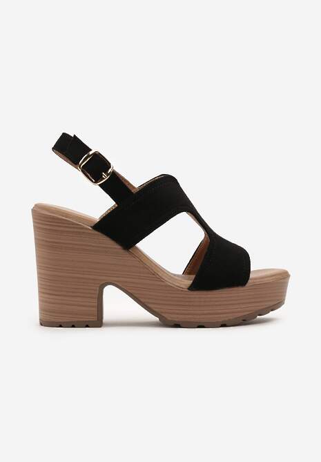 Czarne Sandały Typu Chodaki na Słupku i Platformie Zapinane przy Kostce Racia