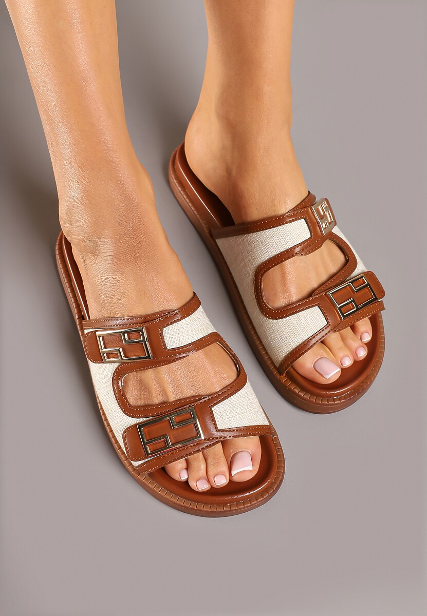 Brązowo-Beżowe Klapki Ozdobione Geometryczną Aplikacją Tolirane