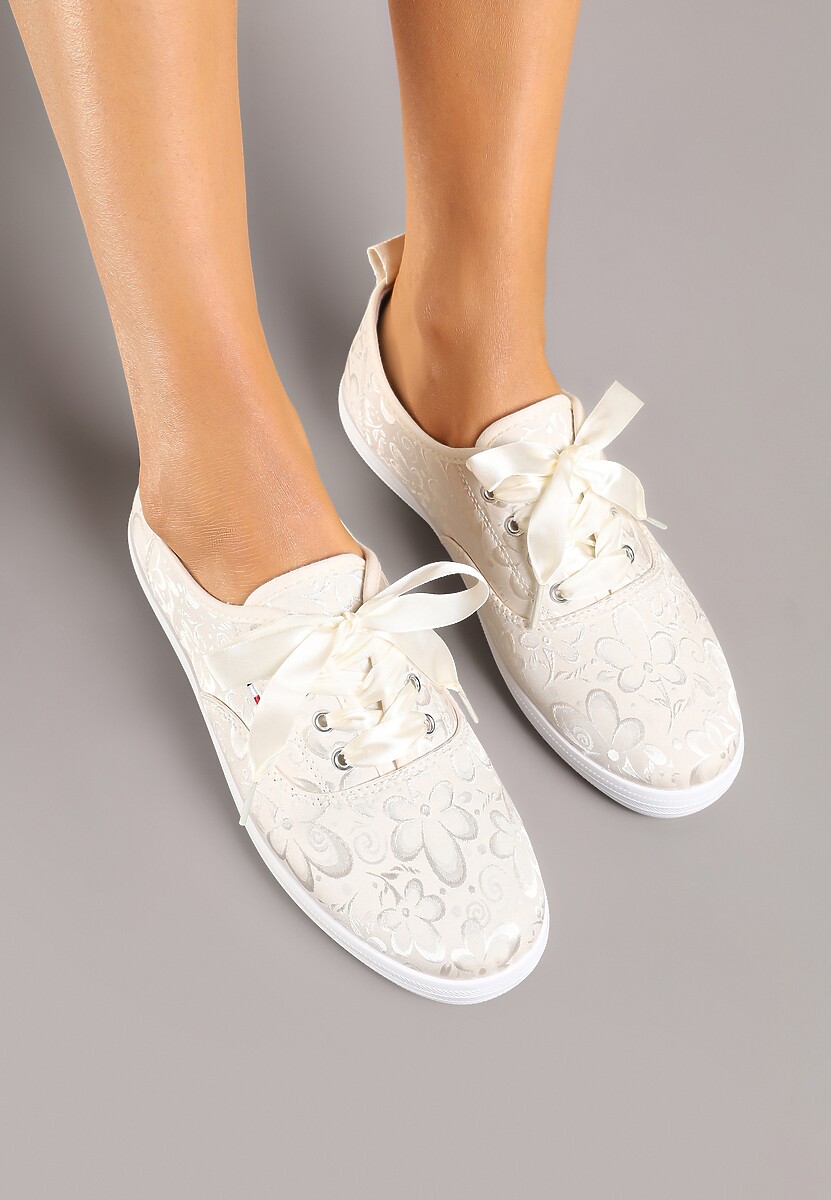 Beżowe Tenisówki Wiązane Wstążką Zdobione Tłoczeniem w Kwiaty Palesiela