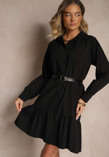 Czarna Koszulowa Sukienka z Wiskozą Zakończona Falbanką Tirzedi