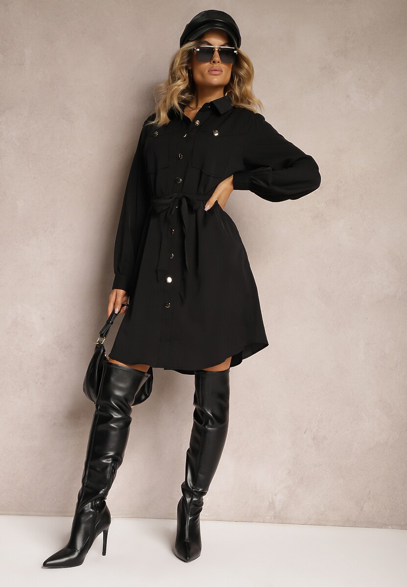 Czarna Sukienka o Koszulowym Fasonie Utility z Bufiastymi Rękawami Wiązana w Pasie Emianna