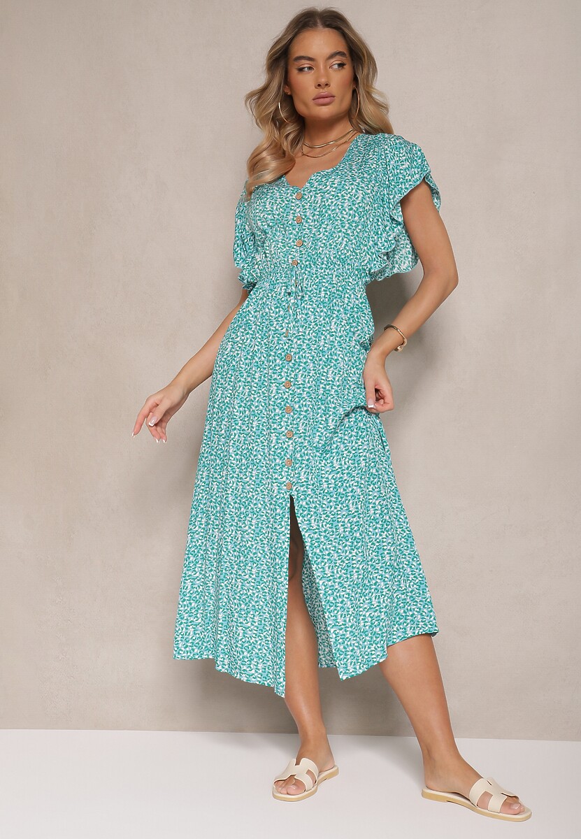 Zielona Sukienka z Bawełny w Cętki o Rozkloszowanym Kroju z Guzikami Aluvellae