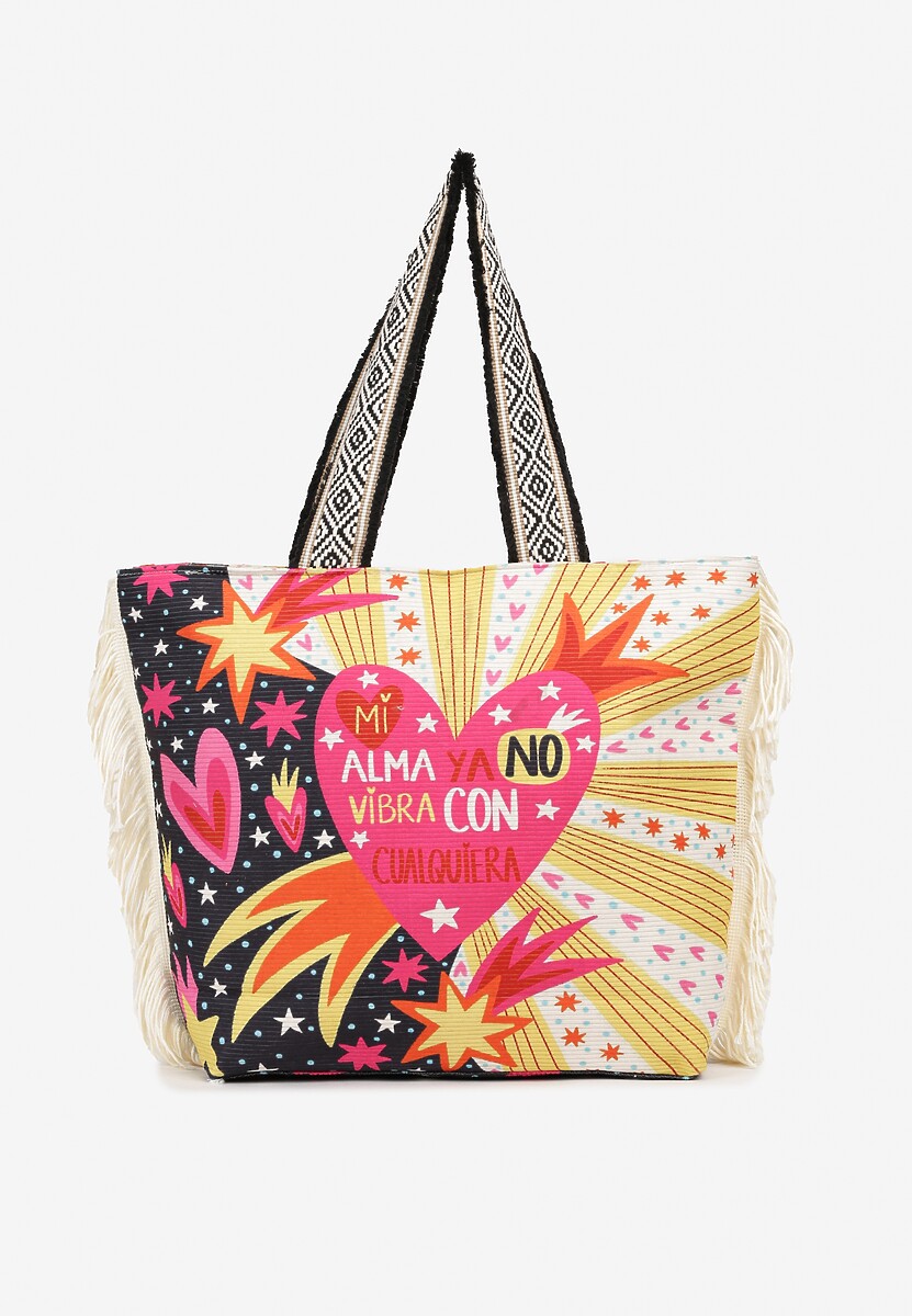 Czerwono-Biała Duża Torebka na Grubszych Ramiączkach z Frędzlami po Bokach Axubia