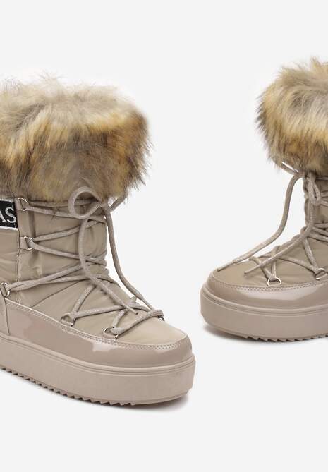 Ciemnobeżowe Sznurowane Śniegowce na Platformie z Ozdobnym Futerkiem i Napisem Bressi