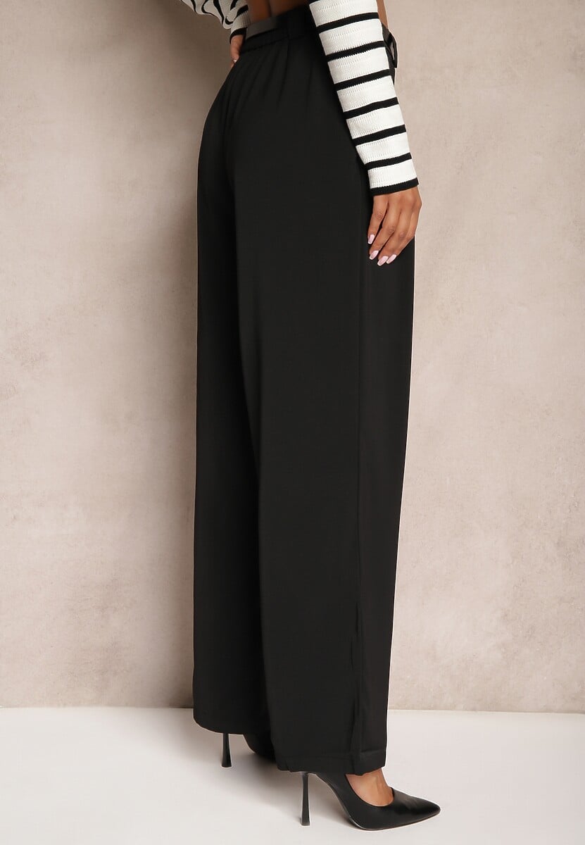Czarne Szerokie Spodnie Garniturowe z Gumką w Talii Ozdobione Paskiem Verillias