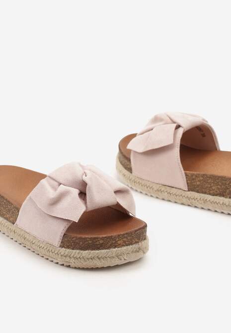 Różowe Płaskie Klapki z Wkładką z Imitacji Skóry i Ozdobną Kokardą Vrisas
