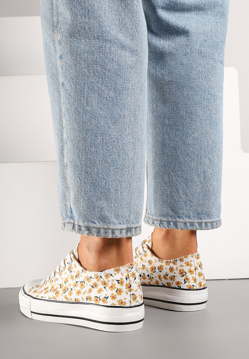 Żółte Casualowe Trampki w Kwiatki Foleriella