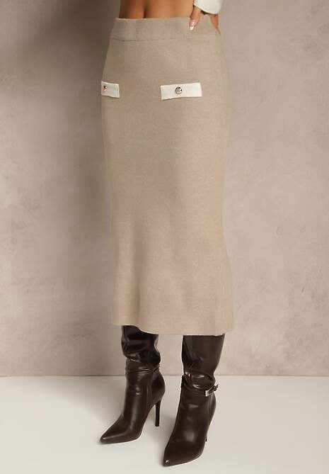 Beżowy Sweterkowy Komplet z Dzianiny z Bawełną Kardigan i Spódnica Derrive