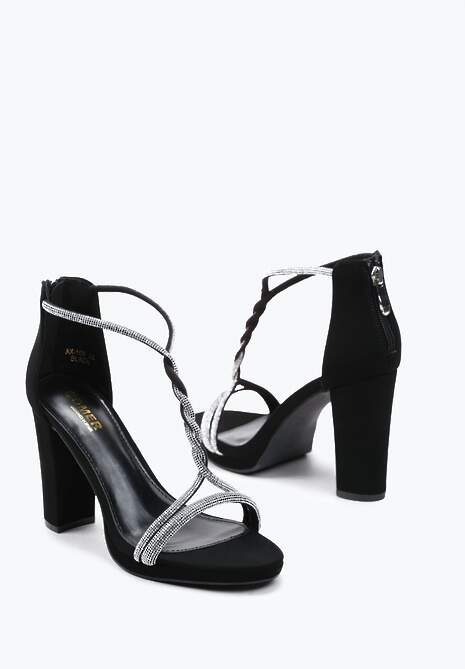 Czarne Sandały na Wysokim Słupku z Cyrkoniami na Cienkich Przeplecionych Paskach Tabena