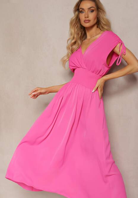 Różowa Rozkloszowna Sukienka na Cienkich Ramiączkach z Kopertowym Dekoltem Eilinestia