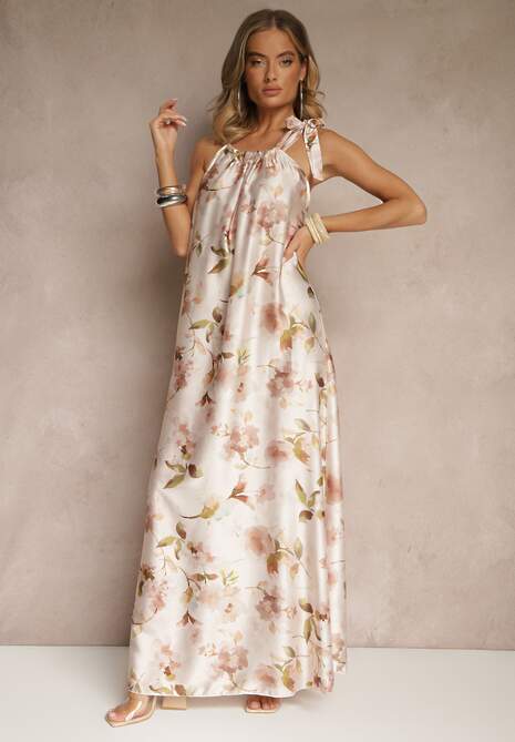 Beżowa Sukienka z Satyny w Kwiatowy Wzór Fenimea