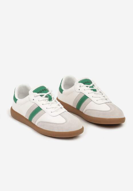 Biało-Zielone Sneakersy ze Skóry Naturalnej na Płaskiej Podeszwie Wykończone Paskami Navinda