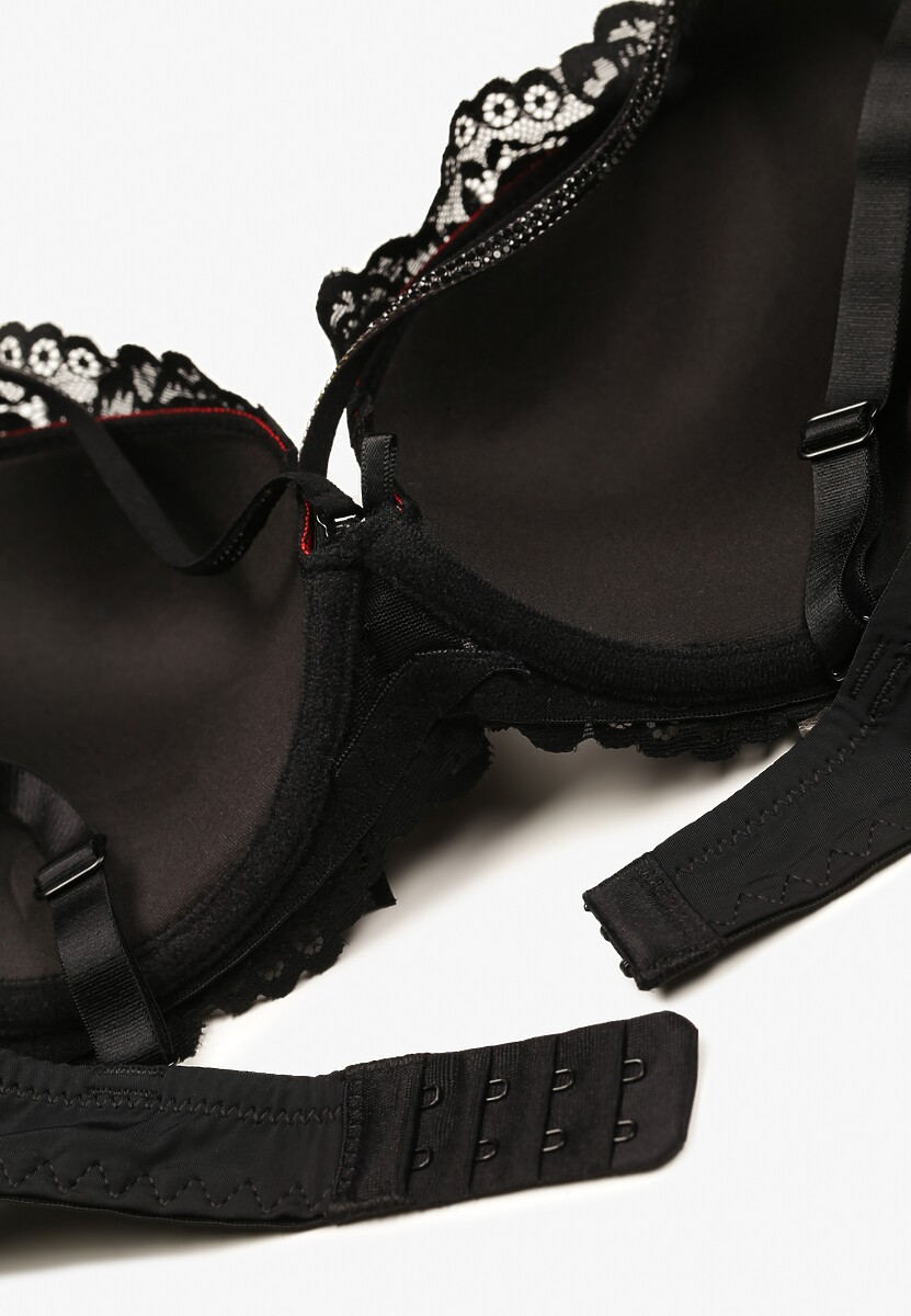 Czarno-Czerwony Koronkowy Biustonosz z Cyrkoniami i Efektem Push-Up Ivantia