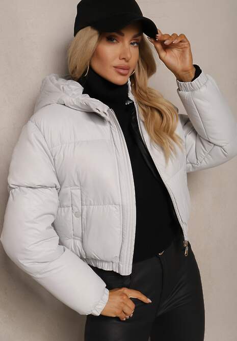 Jasnoszara Pikowana Kurtka z Nieodpinanym Kapturem o Krótkim Kroju Tinneira