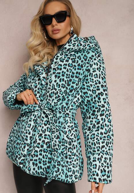 Jasnozielona Kurtka w Panterkę z Pikowaniem i Wiązanym Paskiem Amivea