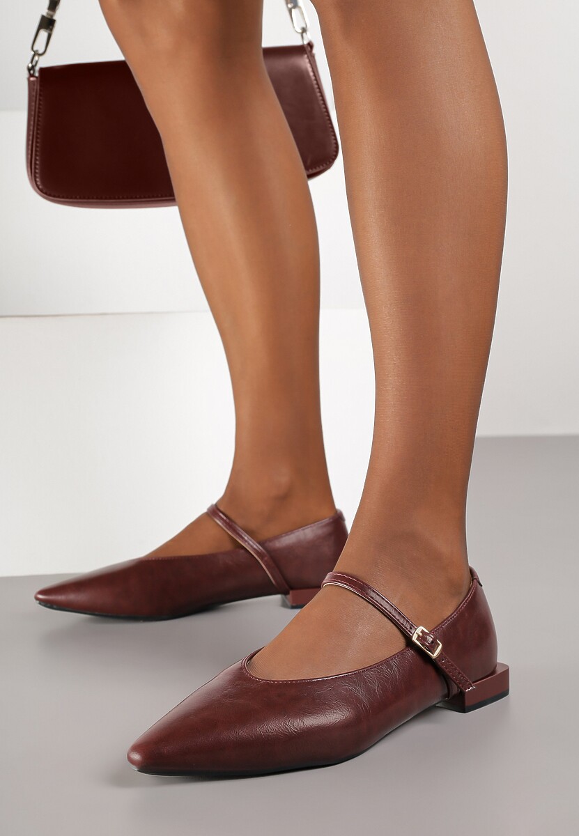 Bordowe Balerinki Vices w Stylu Mary Jane z Wkładką ze Skóry Naturalnej Emilane