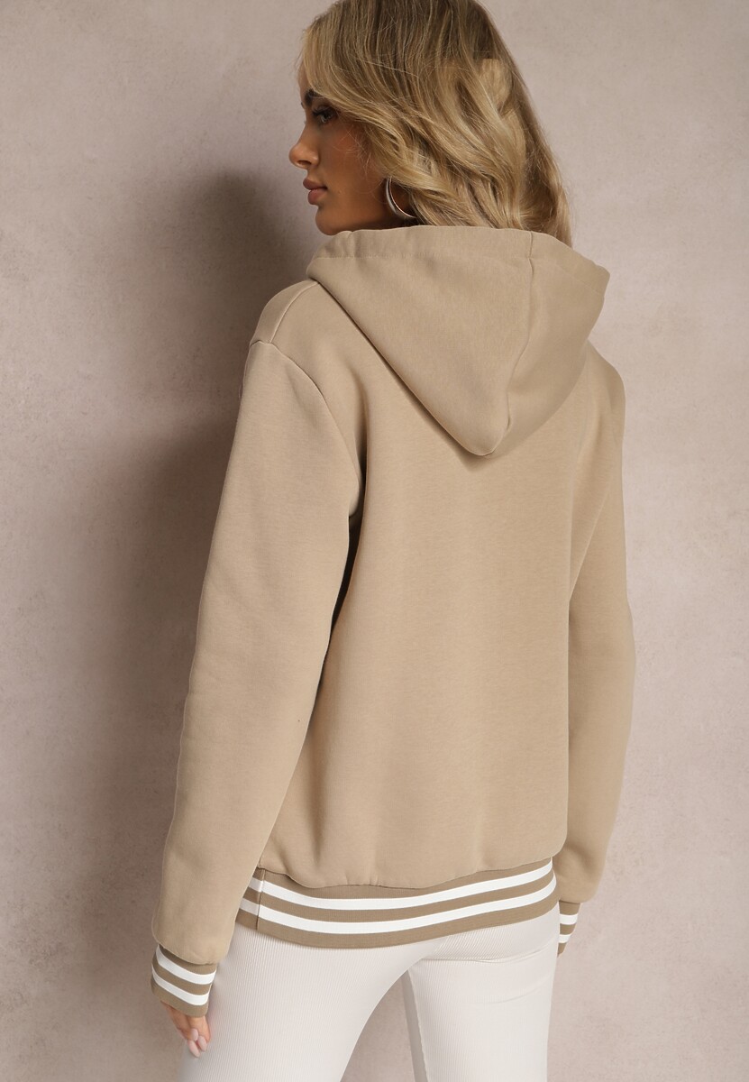 Beżowa Bluza Kangurka z Bawełny ze Ściągaczami w Paski i Kapturem Gaiana