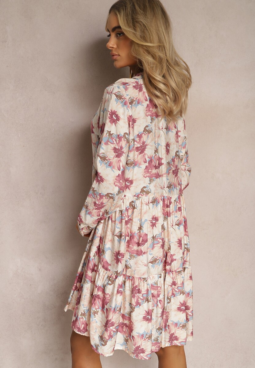 Beżowo-Różowa Sukienka Mini w Kwiatowy Wzór z Szeroką Falbanką na Dole Faeyra