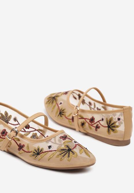 Beżowe Siateczkowe Balerinki z Florystycznym Haftem i Paskiem na Sprzączkę Danirna