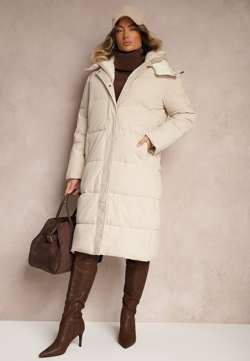 Jasnobeżowa Pikowana Kurtka o Długim Kroju z Odpinanym Kapturem i Kieszeniami Etanore