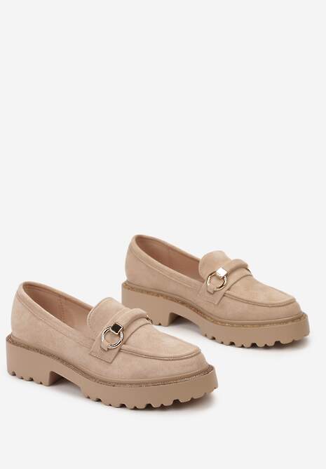 Ciemnobeżowe Mokasyny z Imitacji Zamszu z Cyrkoniami Przy Podeszwie Imule