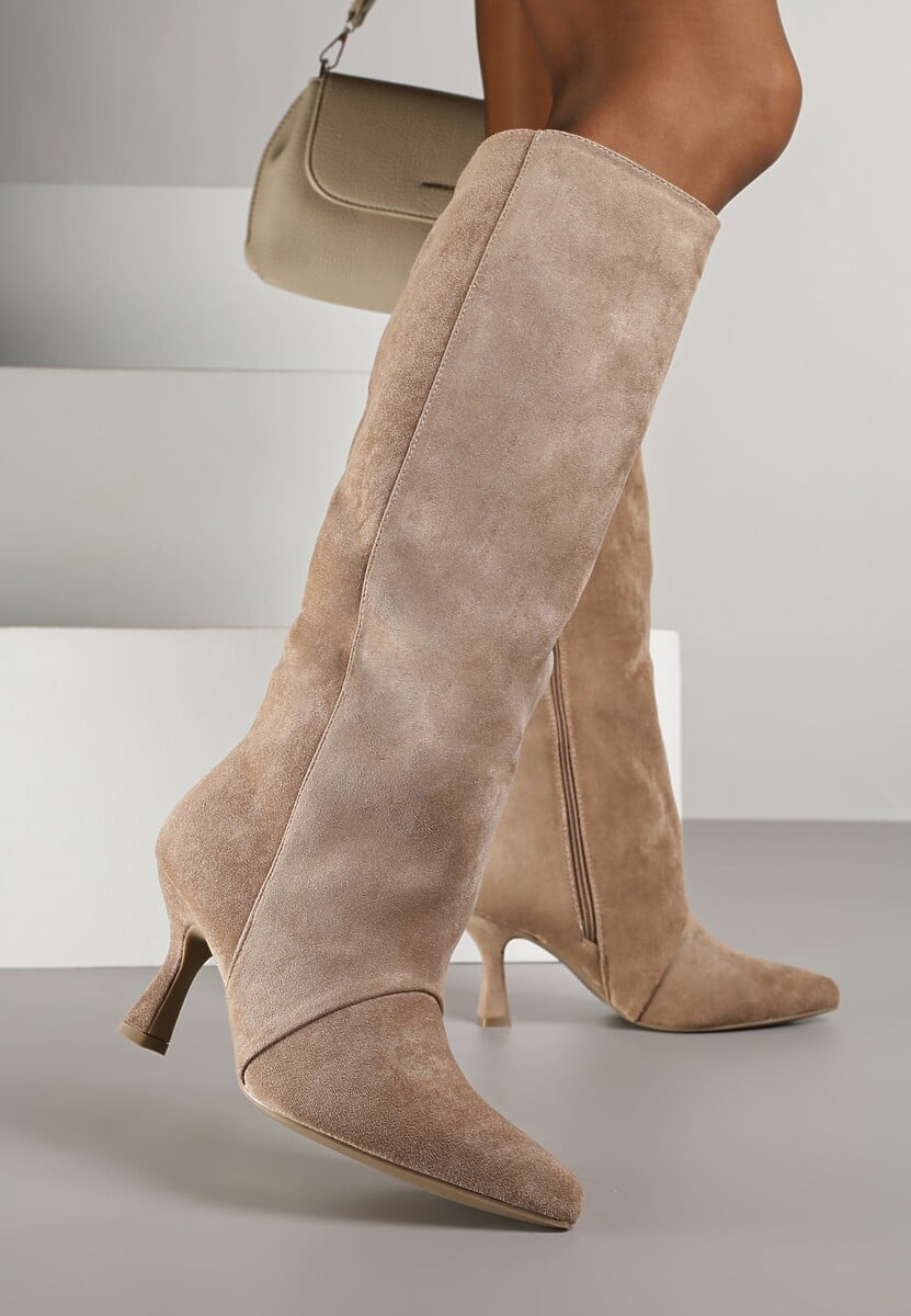 Czarne Kozaki z Imitacji Zamszu z Przeszywaną Cholewką i Obcasem Kaczuszka Anuvitte