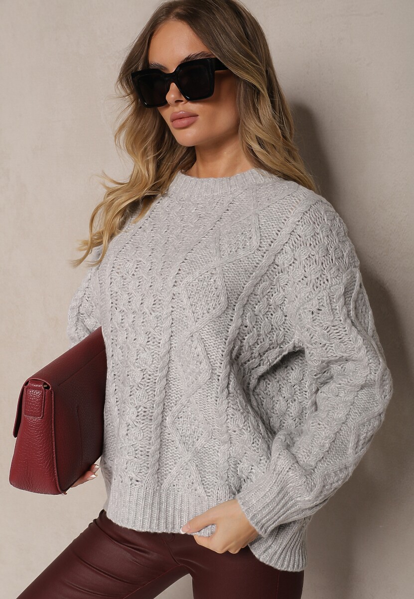 Szary Pudełkowy Sweter z Wełną i Wiskozą o Tłoczonym Splocie Vaithra