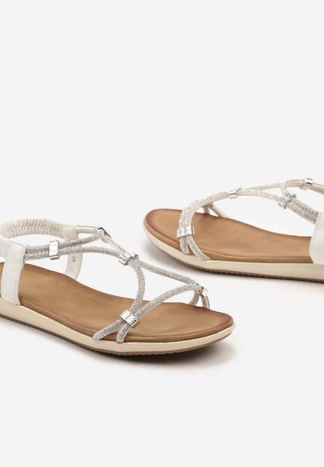 Białe Wsuwane Sandały z Wkładką z Imitacji Skóry Ozdobione Cyrkoniami Deloema