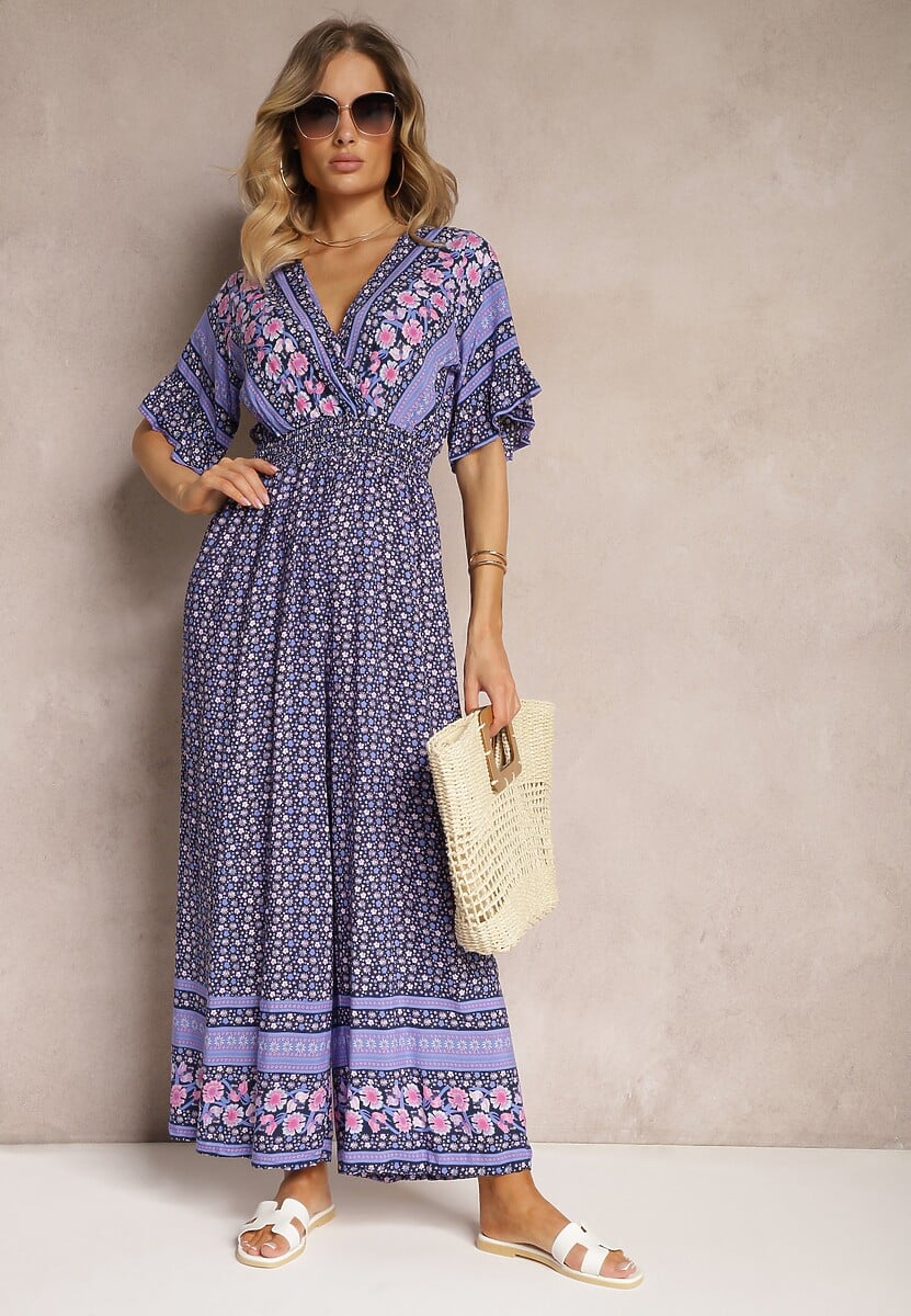 Granatowy Kopertowy Kombinezon Bawełniany z Cienkimi Gumeczkami w Pasie Zapinany na Szyi Orithiama