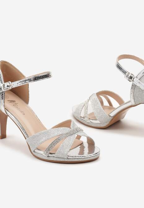 Srebrne Eleganckie Sandały z Ekoskóry na Szpilce Ozdobione Cyrkoniami Aldenima