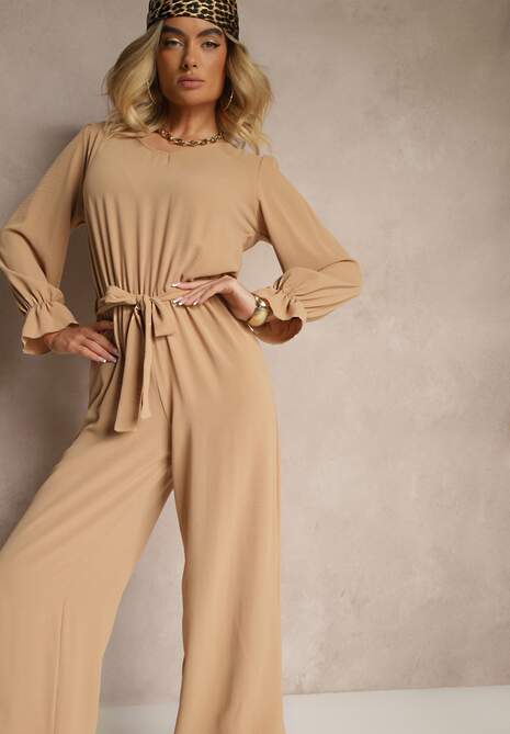 Beżowy Casualowy Kombinezon z Paskiem i Gumką w Pasie Wiązany na Plecach Melodette