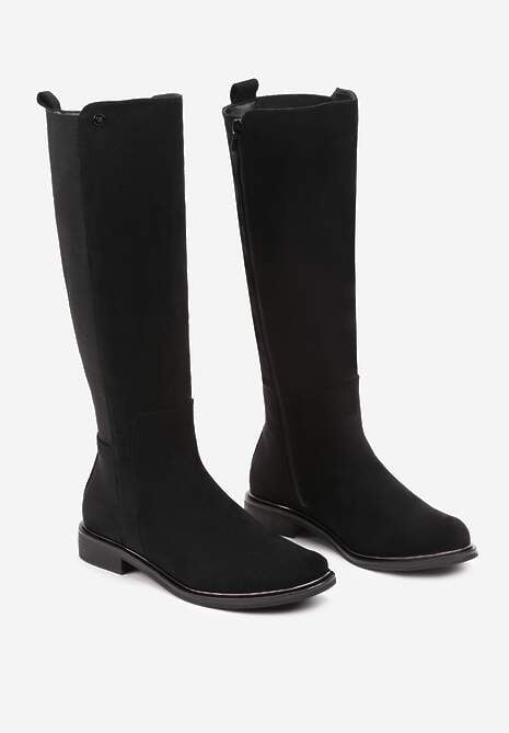 Czarne Kozaki z Ekozamszu na Płaskiej Podeszwie w Stylu Oficerek z Gumką Ansista