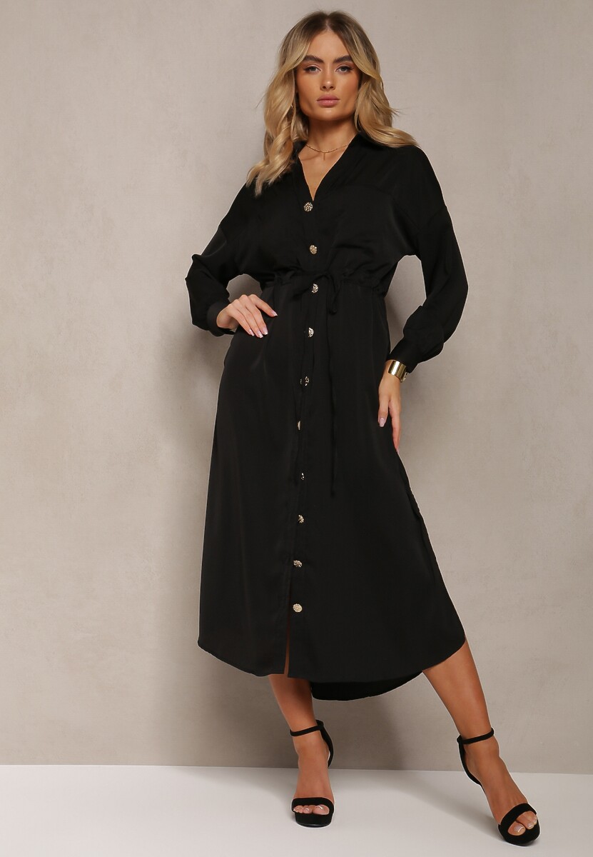 Czarna Sukienka o Koszulowym Fasonie z Elastycznym Troczkiem w Talii Verulea
