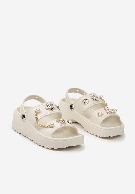 Beżowe Klapki z Pianki na Koturnie Ozdobione Aplikacjami z Paskiem Podtrzymujący Piętę Anesaria