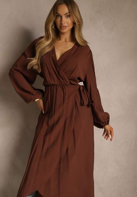 Brązowa Kopertowa Sukienka z Wiskozą z Wiązanym Paskiem w Talii Fezalia