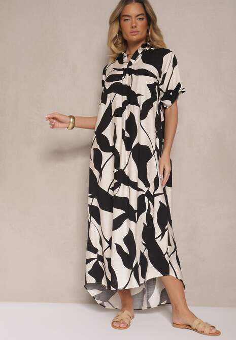 Czarna Rozkloszowana Sukienka w Abstrakcyjny Wzór z Bawełną Telianiela
