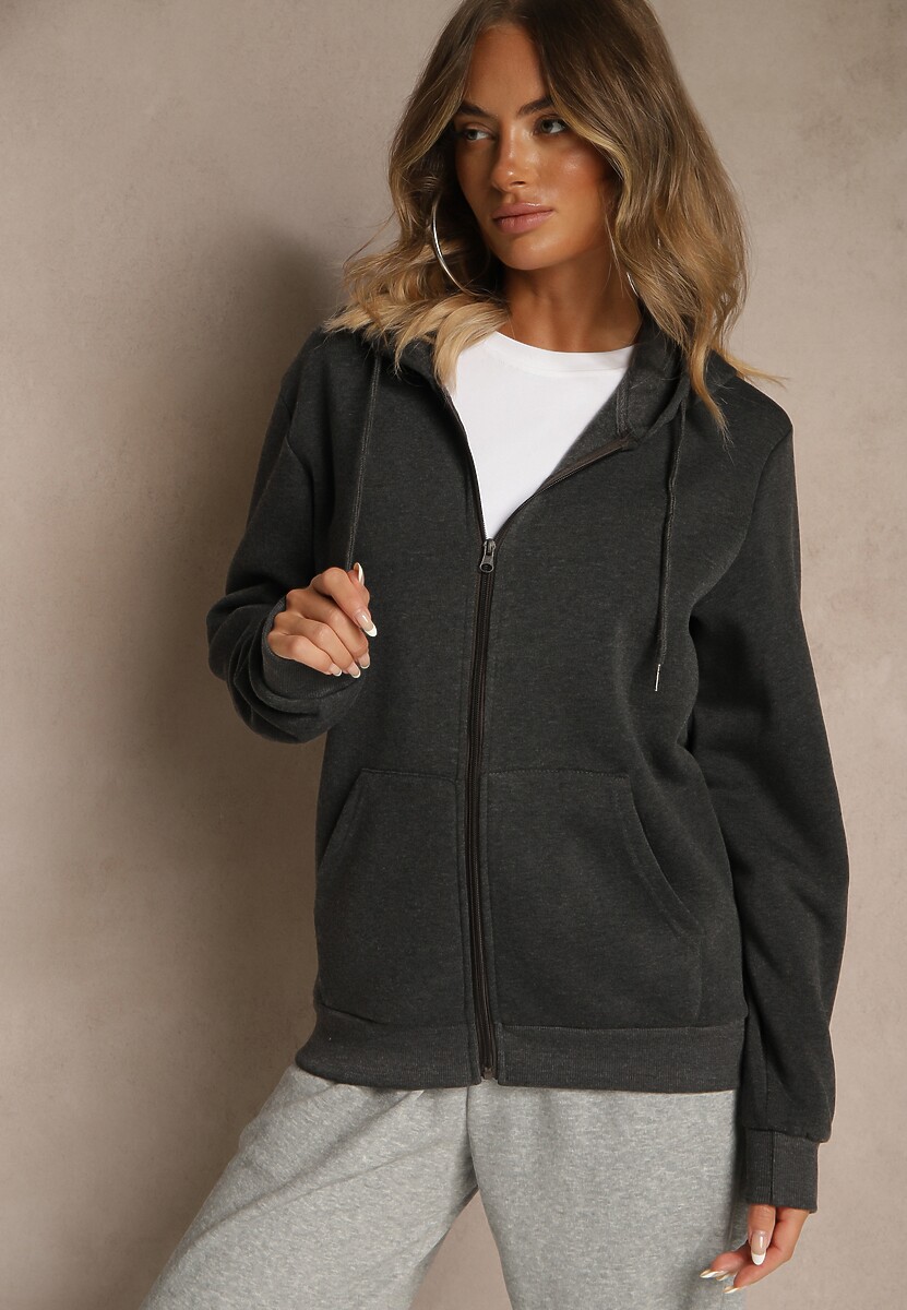 Ciemnoszara Bluza Rozpinana z Kapturem z Bawełną Ozdobiona Sznurkami Odiola